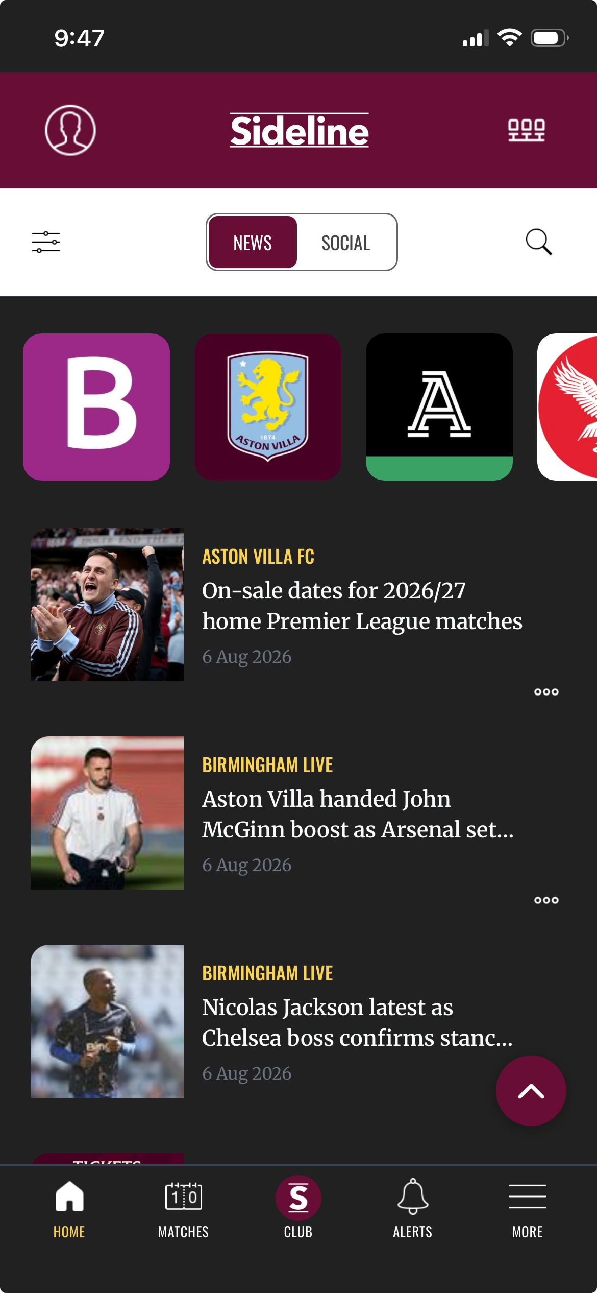 Sideline app news feed